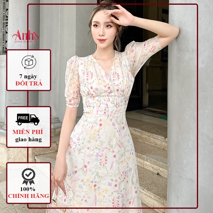 Đầm midi tơ hoa 2 lớp dáng dài tay nhún AMY DRESS