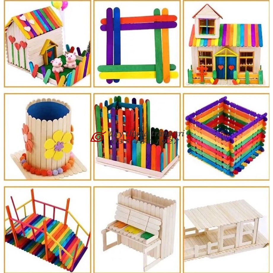 Que kem màu, que kem gỗ màu, 50 que kem gỗ làm mô hình, handmade, khuấy cafe, que đè lưỡi