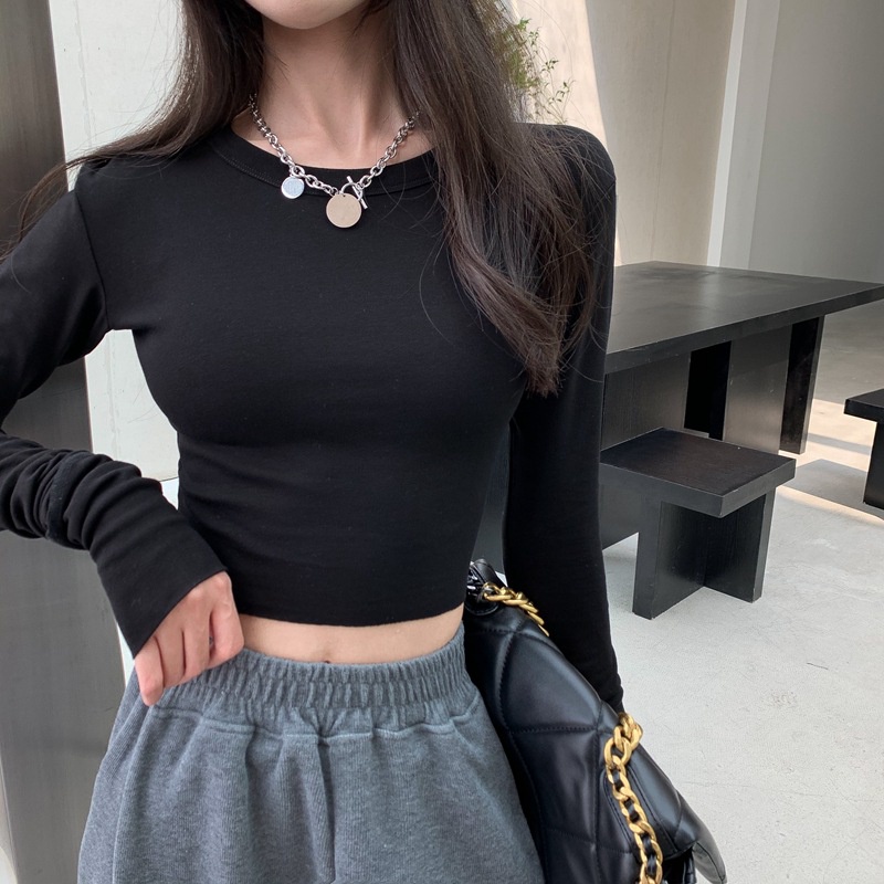 Áo thun croptop nữ MADELA cổ tròn ôm body chất thun dày dặn, croptop nữ cổ tròn dài tay dáng ôm