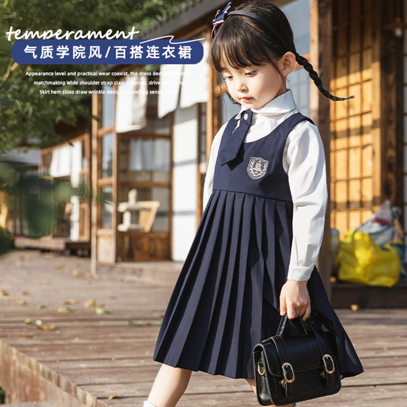 Bộ Đồng Phục Áo Sơ Mi Tay Dài + Váy Yếm Phong Cách Preppy Mẫu Mới 2023 Thời Trang Mùa Xuân Cho Bé Gái