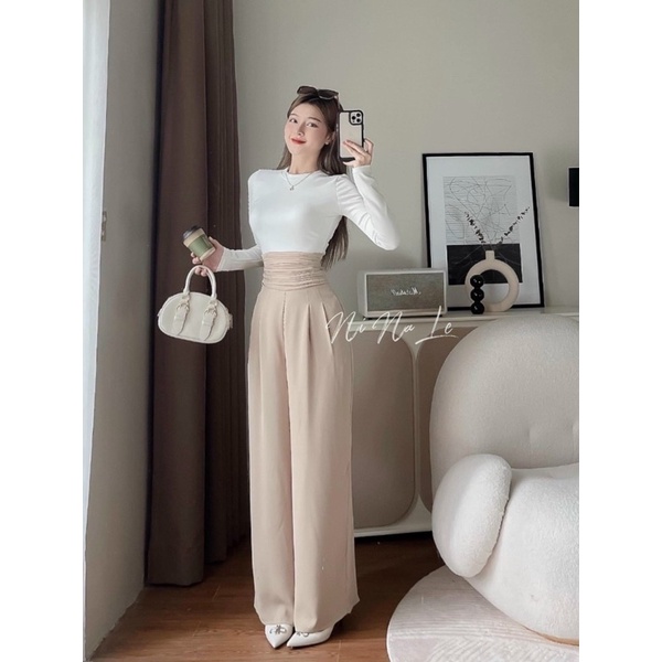 Set áo pull trắng cổ tròn tay dài + Quần tây be ống suông xếp ly eo
