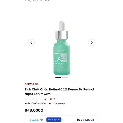 Tinh chất ban đêm sáng da tái tạo da cho da dầu và mụn DermaDS Retinol 0.1% Retinol Night Serum 30ml