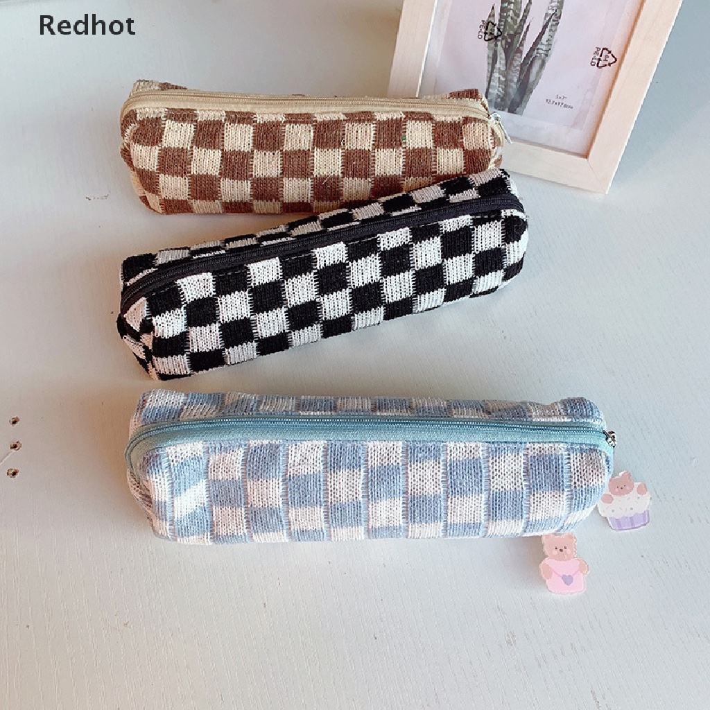 &lt; Redhot &gt; Túi Đựng Bút Chì Mỹ Phẩm Dệt Kim Kẻ Ô Dễ Thương Sức Chứa Lớn Và Sắp Xếp Gọn Gàng Cho Trường Học