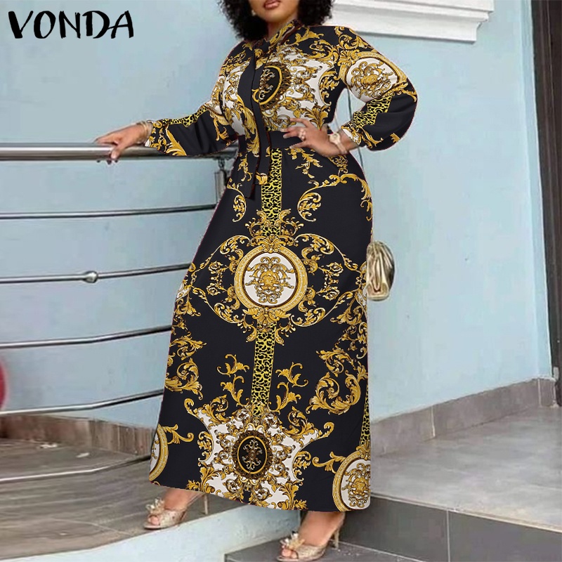 Đầm dài VONDA dáng rộng in họa tiết hoa phong cách bohemia cổ điển thời trang cho nữ