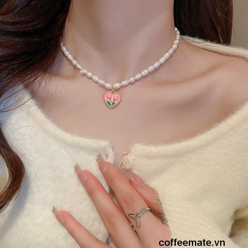 【coffeemate】⚡ Vòng cổ Hình Hoa Tulip Đính Ngọc Trai Nhân Tạo Thời Trang