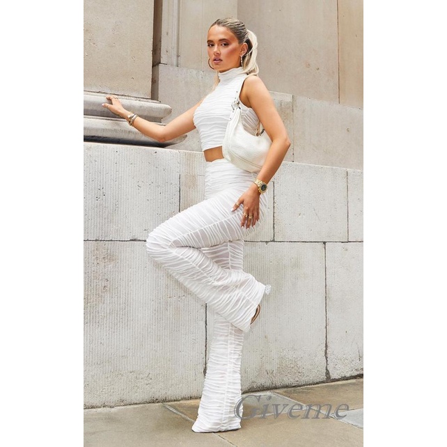 Bộ Trang Phục 2 Mảnh Áo Cổ Cao Không Tay + Quần Short Lưng Cao Thời Trang Nữ