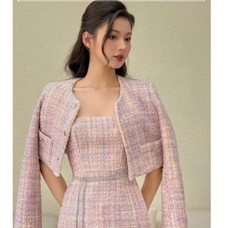 Sét dạ hồng tweed xù thiết kế