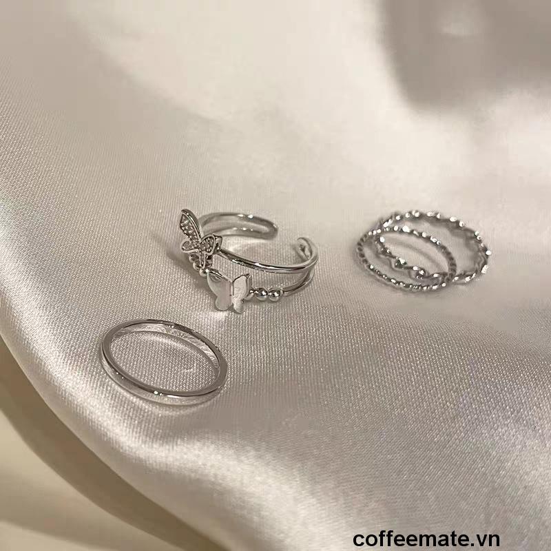 【coffeemate】⚡Bộ 4 nhẫn hợp kim một lớp và hai lớp trang trí bươm bướm phong cách Hàn Quốc thời trang cho nữ