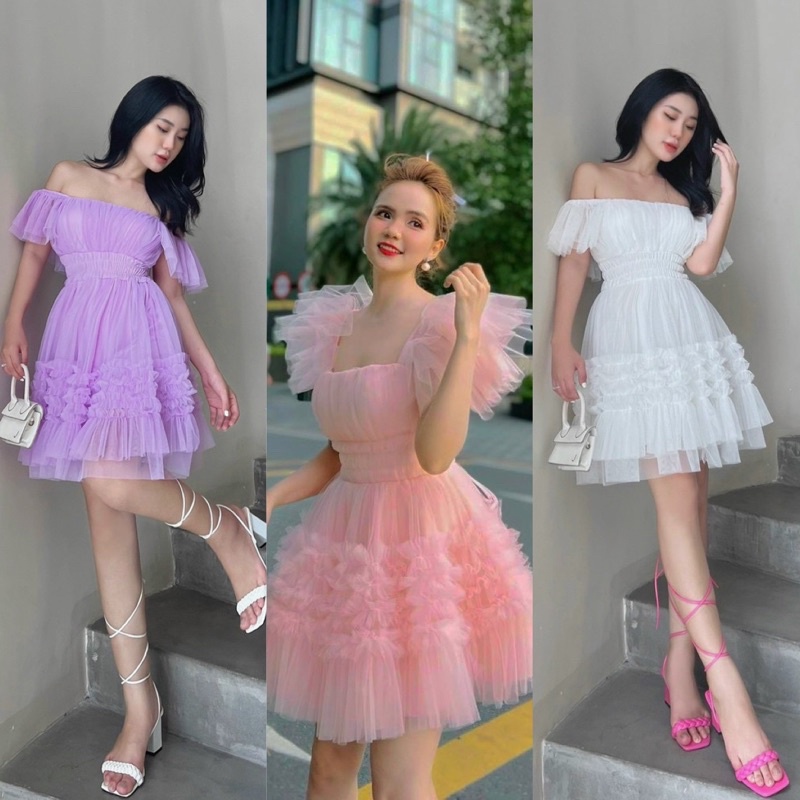Đầm lưới ngắn cánh tiên bẹt vai trắng tím, váy xoè dễ thương, thời trang tiểu thư công chúa dự tiệc sinh nhật chụp hình