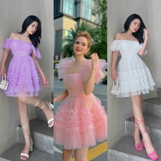 Đầm lưới ngắn cánh tiên bẹt vai trắng tím, váy xoè dễ thương, thời trang tiểu thư công chúa dự tiệc sinh nhật chụp hình