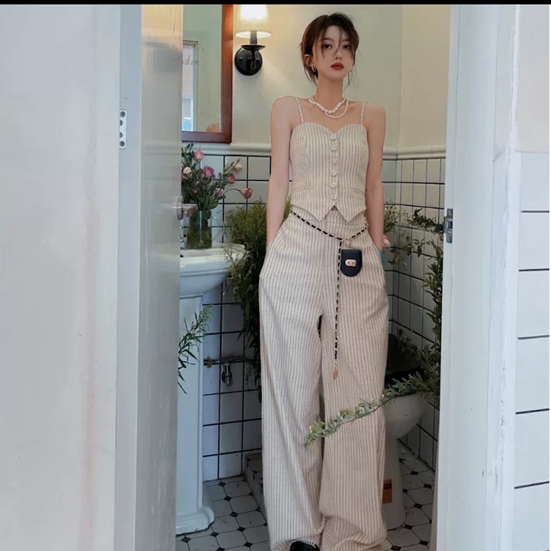 Set Áo Hai Dây Kèm Quần Ống Rộng Hoạ Tiết Kẻ Sọc Phong Cách Sang Chảnh_Kèm Ảnh Thật