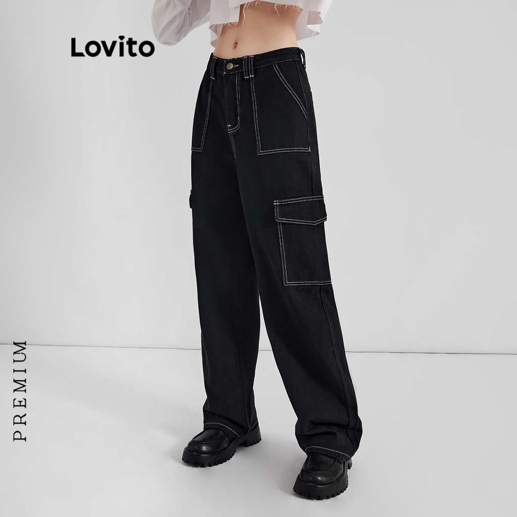 Quần jean LOVITO nút trơn phối túi phong cách thường ngày cho nữ (Premium) L35AD048 (màu đen)