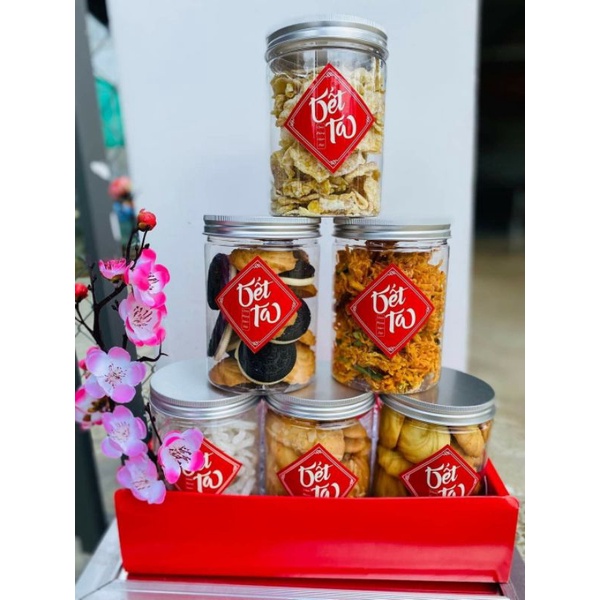 Tem dán đồ ăn vặt, hoa quả, mứt quà tặng Tết