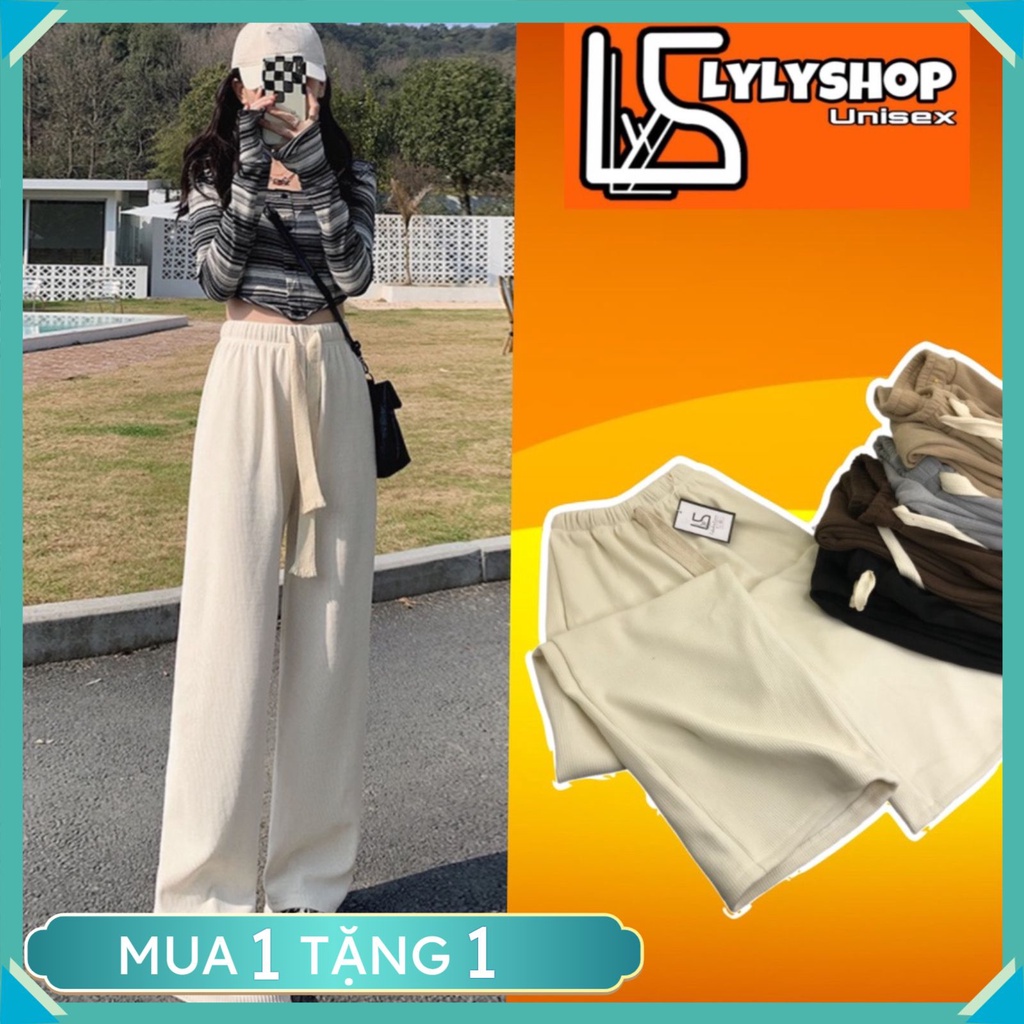 Quần ống rộng nỉ nhung tăm Unisex kiểu quần dài ống suông cạp chun lưng cao có dây rút chỉnh eo mẫu hottrend