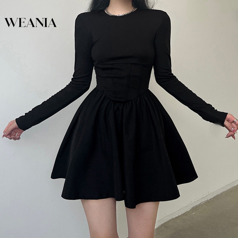 Đầm Dáng Chữ A Tay Dài Màu Trơn Thiết Kế Xếp Ly Nữ Tính