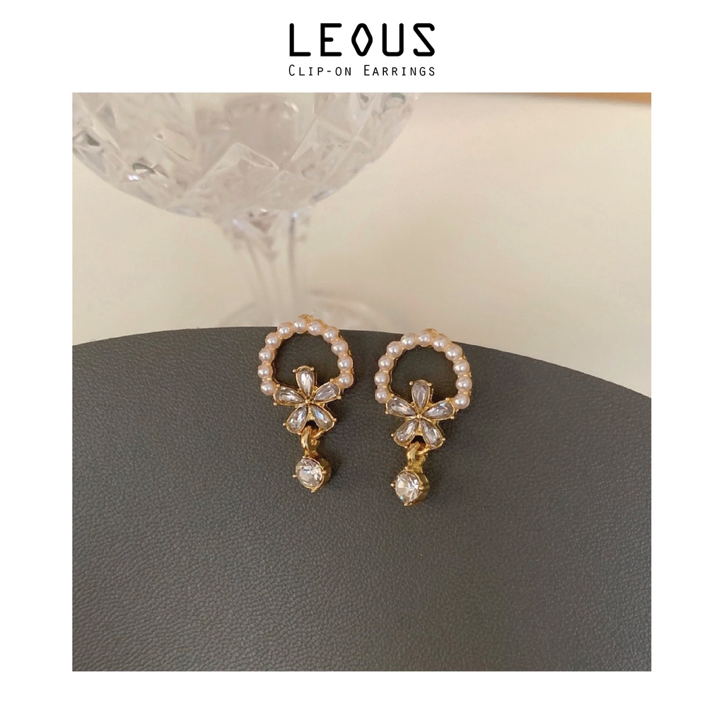 Khuyên tai kẹp không bấm lỗ chốt cố định K301 bằng hợp kim mạ vàng hình tròn đính hoa đá dáng midi Leous Accessories