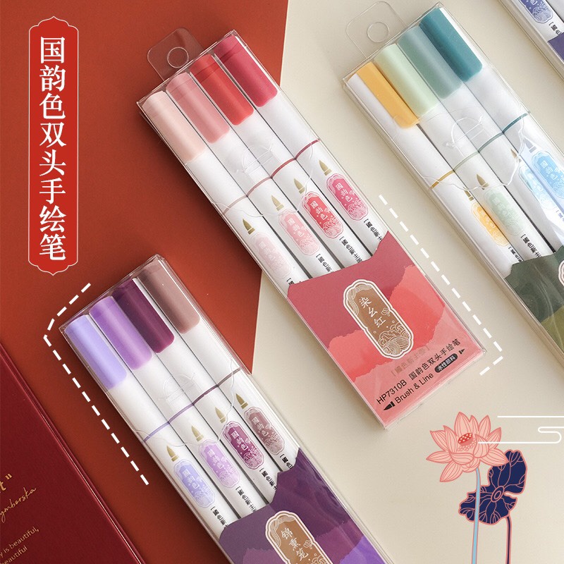 Bút brush hộp 4 màu 2 đầu viết calligraphy, bút dạ màu marker nhiều màu dễ thương