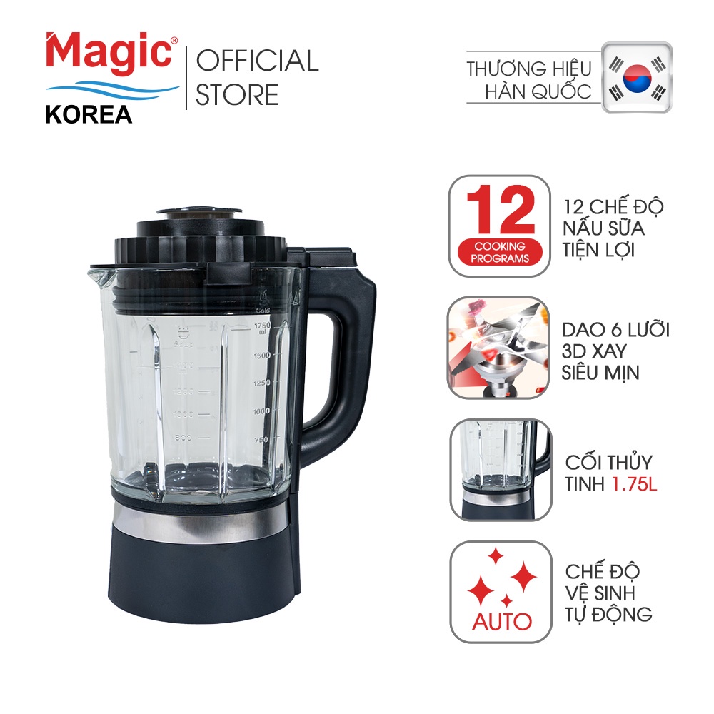 Máy Xay Nấu Đa Năng 3D 6 lưỡi dao Magic Korea A-96N, cối thủy tinh, 12 chế độ nấu sữa, bảo hành chính hãng