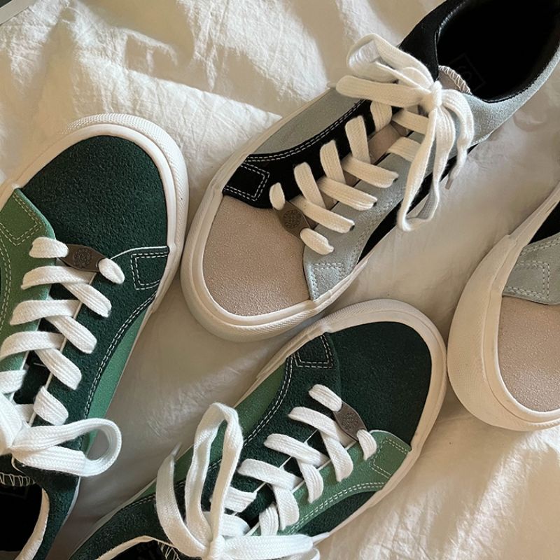 Giày thể thao đế bằng ulzzang phối da lộn màu sắc pastel xanh lá, xám