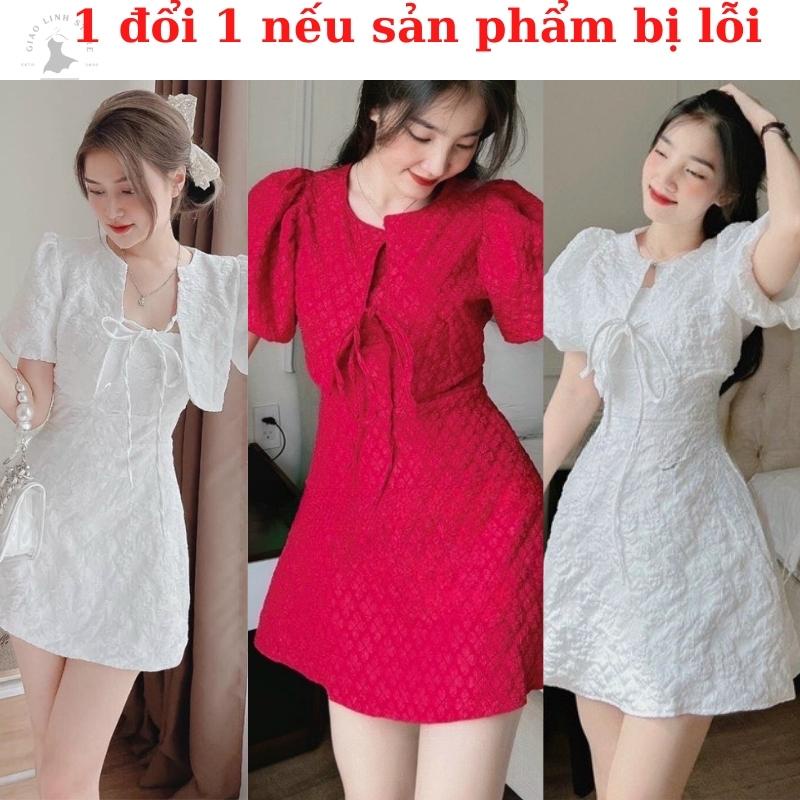 Đầm 2 dây chất xốp dài trên gối, đầm tiểu thư kèm khoát 2 màu đỏ, trắng kèm ảnh trải sàn