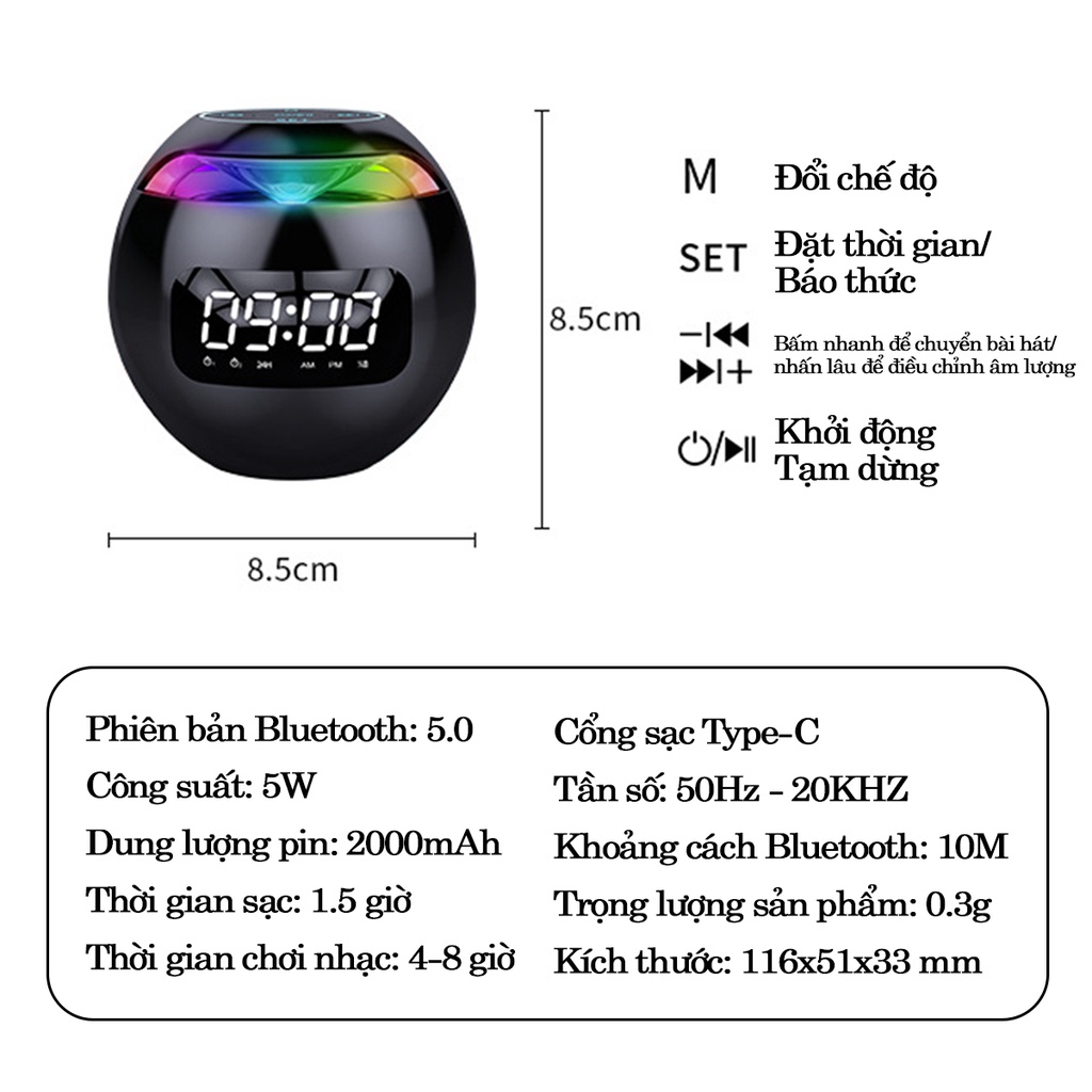 Loa Bluetooth Kiêm Đồng Hồ Báo Thức Sama G90S - Loa Bluetooth Siêu Bass Siêu Trầm Màn Hình Led Hiển Thị Giờ Và Pin