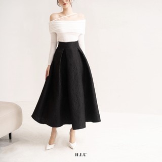 Chân váy nữ midi gấm hoa 3D dáng Dài Alley skirt H.I.U Fashion , Thiết kế dáng váy phom midi dài thanh lịch HIU design
