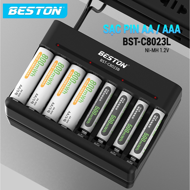Bộ Pin Sạc BESTON C8023B 8 Khe Cho Pin AA /AAA Ni-MH 1.2V có thể sạc hỗn hợp ( hàng chính hãng)