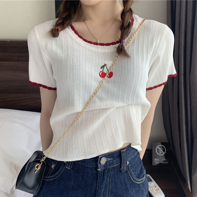 Áo sweater Tay Ngắn Cổ Tròn Dáng Ôm Thời Trang Mùa Hè Phong Cách Hàn Quốc Cho Nữ