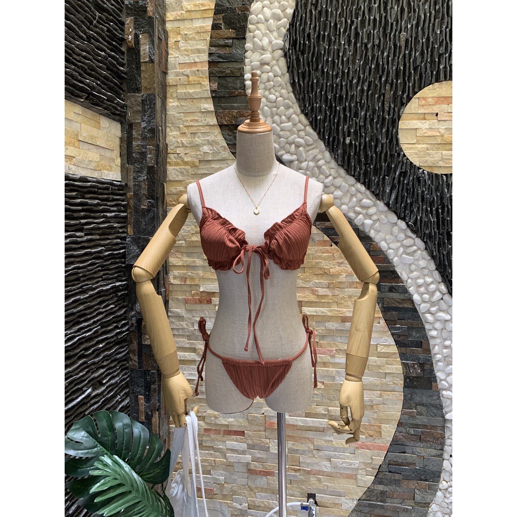[BIKINI 2 MẢNH HÀNG CAO CẤP] đồ bơi nữ áo tam giác mix chip sexy màu nâu ánh cam đất sành điệu 2023