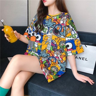Áo Thun Tay Lỡ Dáng Rộng In Họa Tiết Hoạt Hình Cute Phong Cách Hàn Quốc Thời Trang Cho Nữ