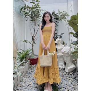 gv79- đầm maxi vàng nhún