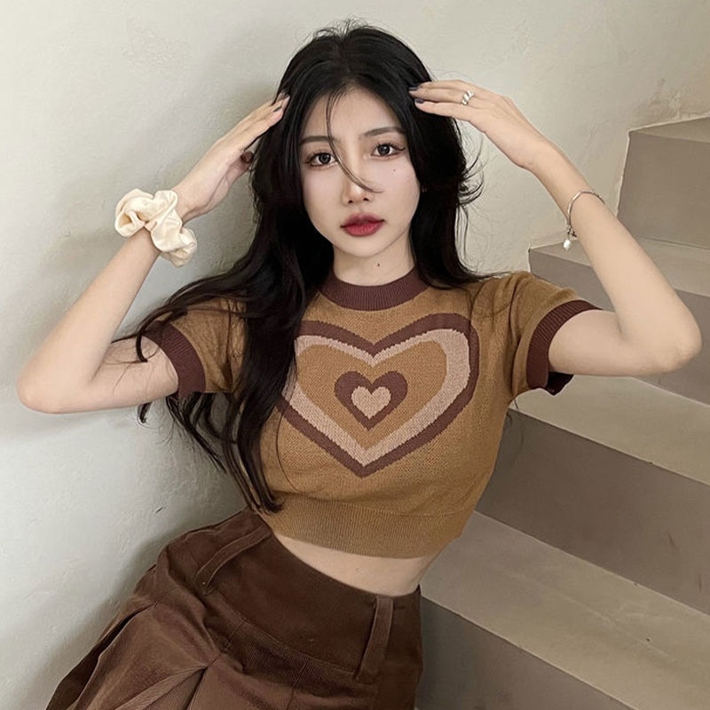 Áo croptop XINLANYASHE dệt kim tay ngắn in họa tiết thời trang Hàn Quốc cho nữ