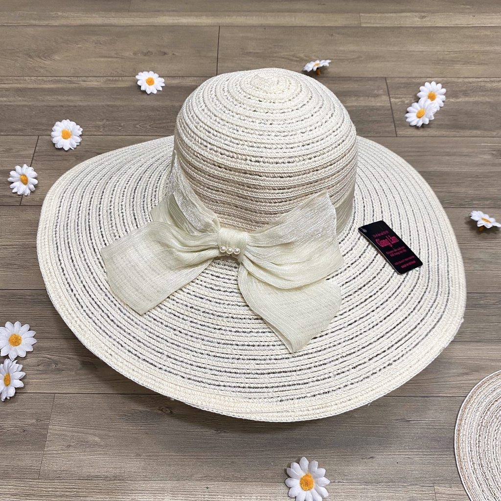 Nón mũ cói đi biển vành rộng phối nơ voan đính ngọc nhiều màu cực đẹp - NN8