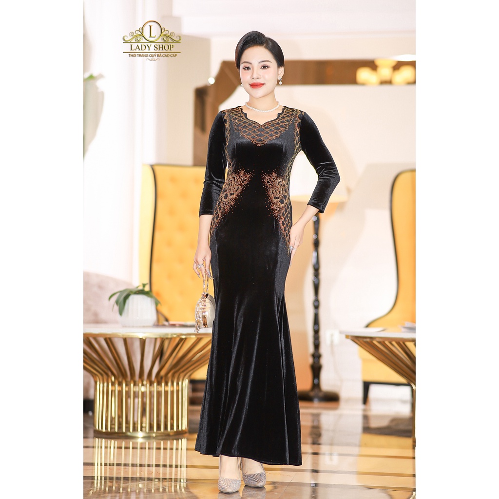 Đầm nhung đuôi cá cổ lượn kết hoa eo Ladyshop thời trang trung niên cao cấp T66