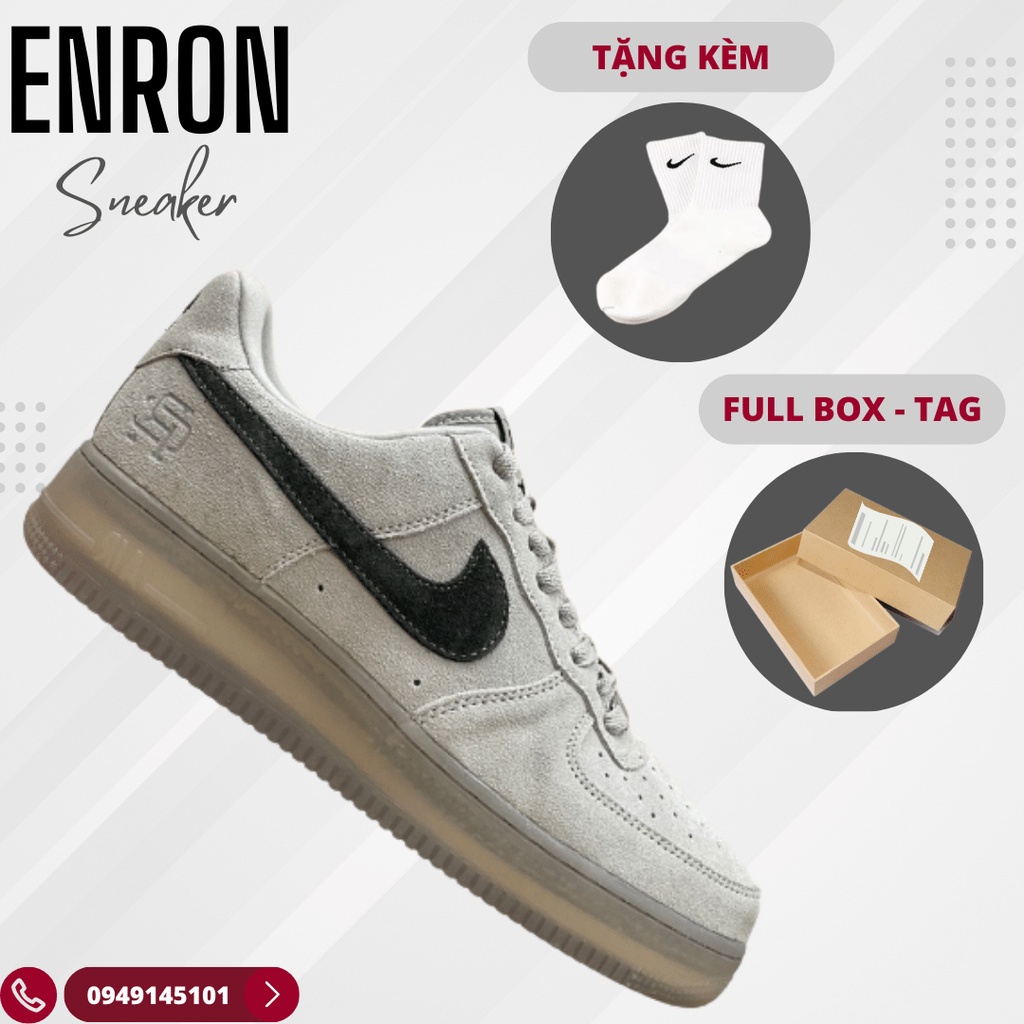 Giày Sneaker Nike Air Force 1 Low RC Trainers, Giày Thể Thao Nam Nữ AF1 Xám Da Lộn, Full Box + Free Tất Nike