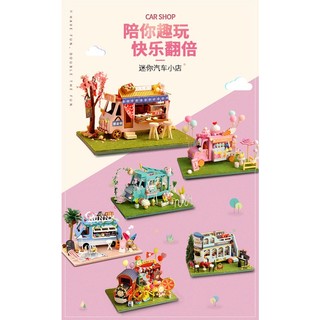 Mô hình nhà gỗ mini diy các tiệm xe bán hàng....xe bus cà phê , xe kem, xe sushi, xe hoa, xe hải dương, xe đĩa cd