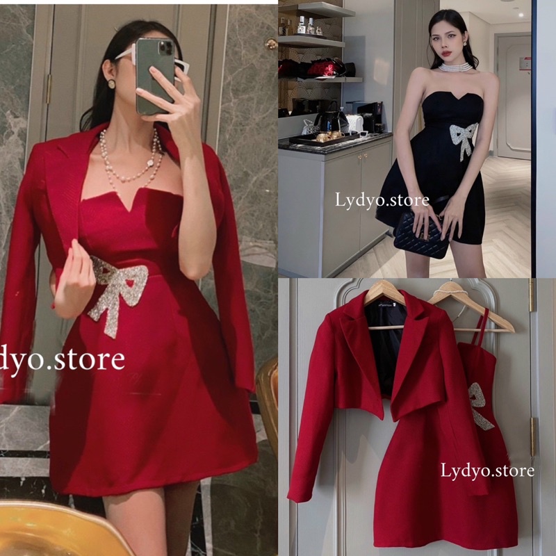 Set áo vest lửng + váy 2 dây thiết kế nơ đá, cúp ngực cổ đức, váy có thể mặc kiểu váy quây,vải dạ ô kim tuyến