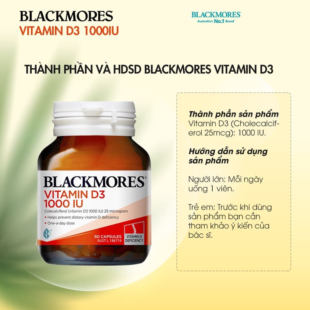 Vitamin D3 1000IU Blackmores hỗ trợ hấp thu canxi giúp xương chắc khỏe và tăng cường đề kháng, của Úc 60v