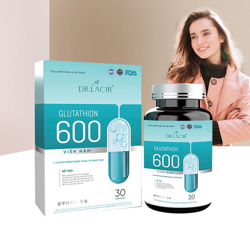 Viên nám GLUTATHION 600 DR.LACIR giúp trắng da, tăng cường collagen, ngăn ngừa lão hóa hộp 30 viên