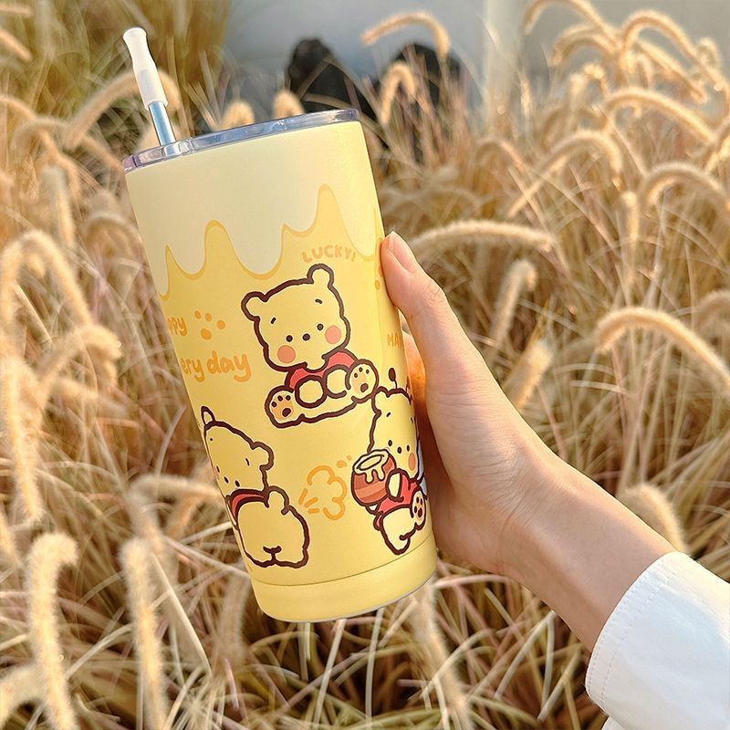 Cốc Giữ Nhiệt Bằng Thép Không Gỉ 304 550ml Thiết Kế Hình Gấu Pooh Màu Vàng