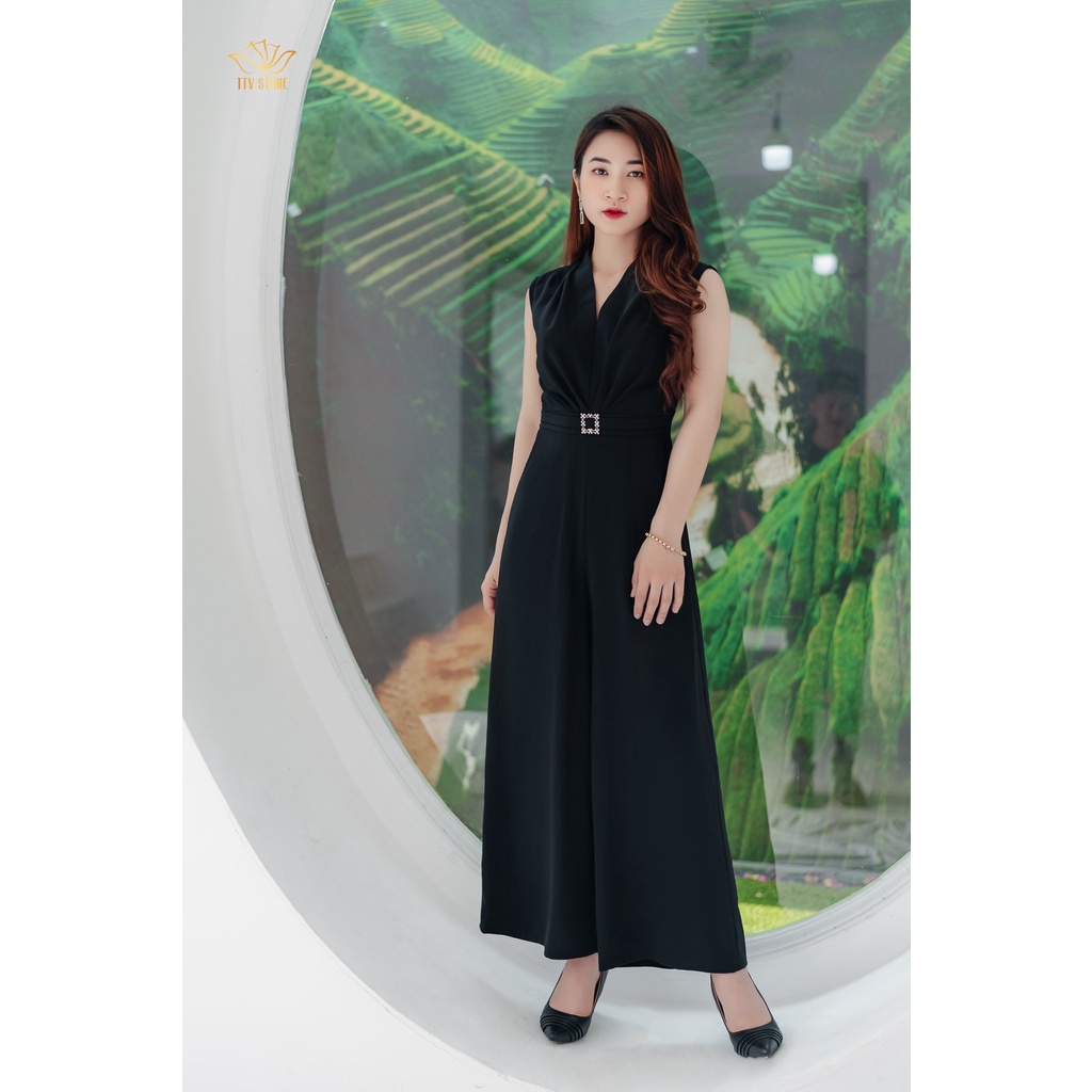 Jump dài thời trang trung niên TTV1251 thiết kế Cổ V tay sát nách màu Đen sang trọng, thanh lịch