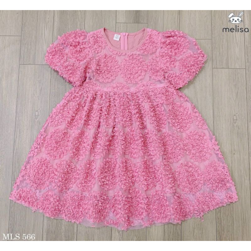 Váy bé gái màu hồng hoa nổi 3D