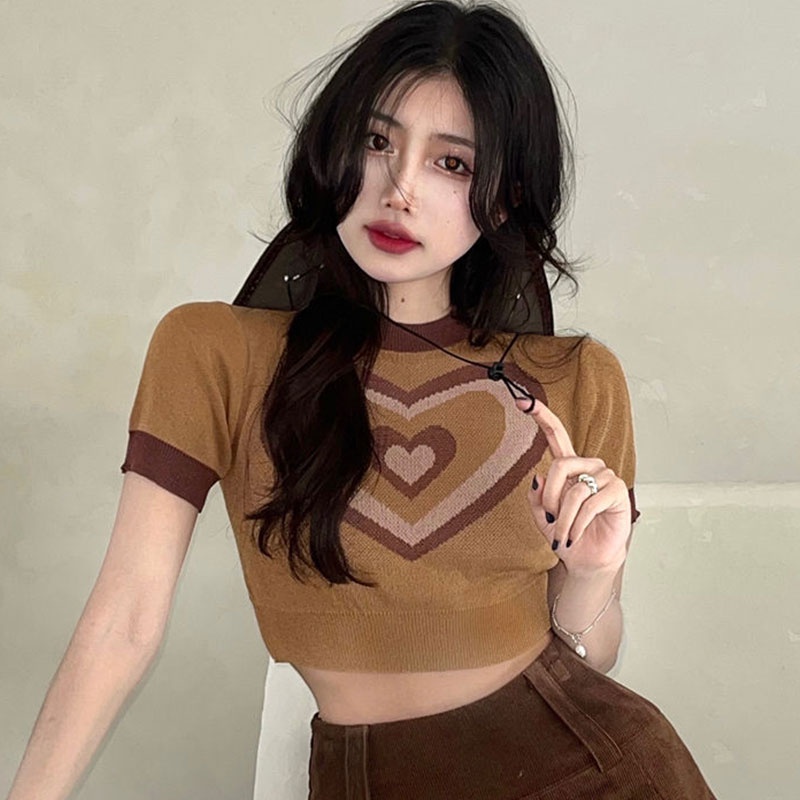 Áo croptop XINLANYASHE dệt kim tay ngắn in họa tiết thời trang Hàn Quốc cho nữ