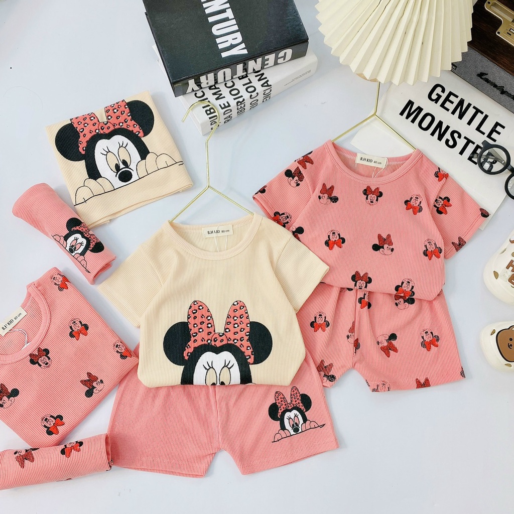 Bộ Cộc Tay Bé Gái, Bộ Hè Thun Tăm Lạnh Vải Đẹp Họa Tiết Chuột Micky Cho Bé Gái Từ 8 - 18kg
