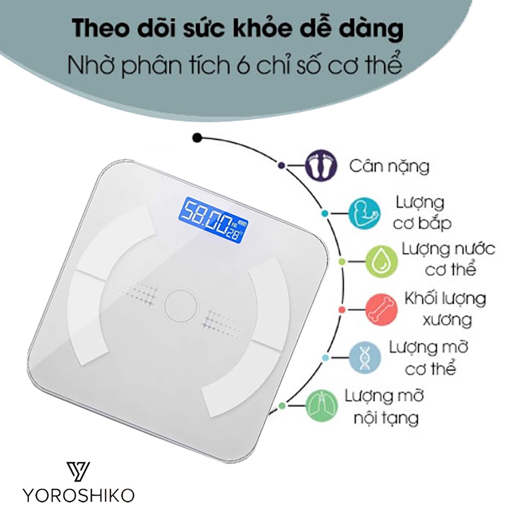 Cân điện tử sức khỏe Yoroshiko có kết nối Bluetooth đo 17 chỉ số Cơ Thể