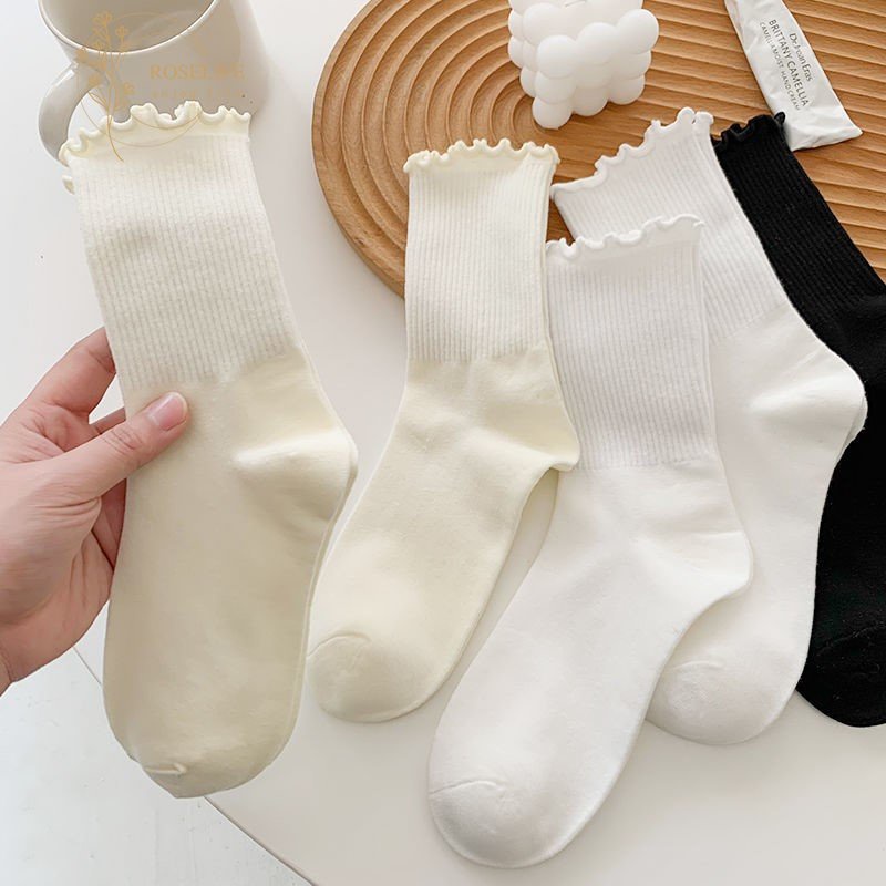 Vớ Cotton Dệt Kim Dáng Rộng Viền Ren Màu Trơn Phong Cách Hàn Quốc Thời Trang Xuân Thu Cho Nữ