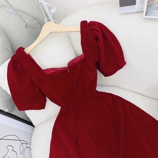 Đầm Váy Nhung Chéo Dây Eo Nơ Vai