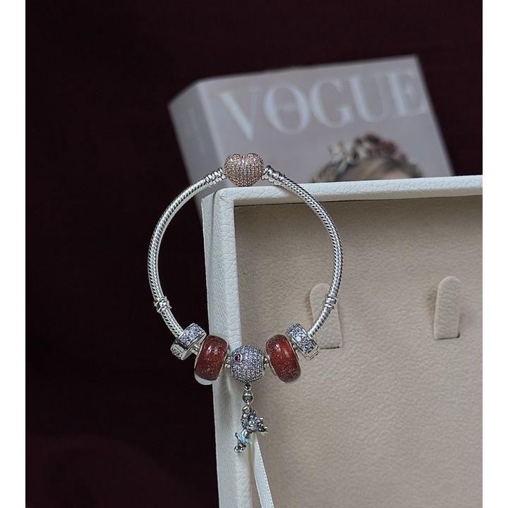 Lắc tay tim hồng Pandora mix kèm 5 charm