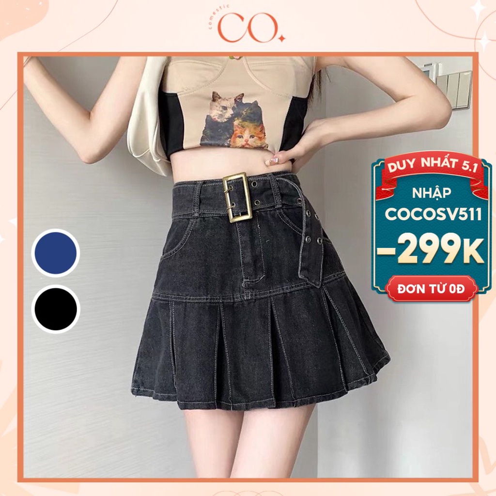 Chân váy jean kaki nữ dáng xòe, chân váy bò ngắn cạp cao kèm quần trong phong cách ulzzang Hàn Quốc V12