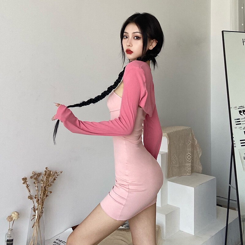 Set Đầm Ôm Trễ Vai + Áo Khoác Cardigan Dài Tay Thời Trang Nữ